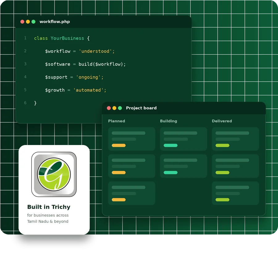 G Software development workspace — code editor and project board