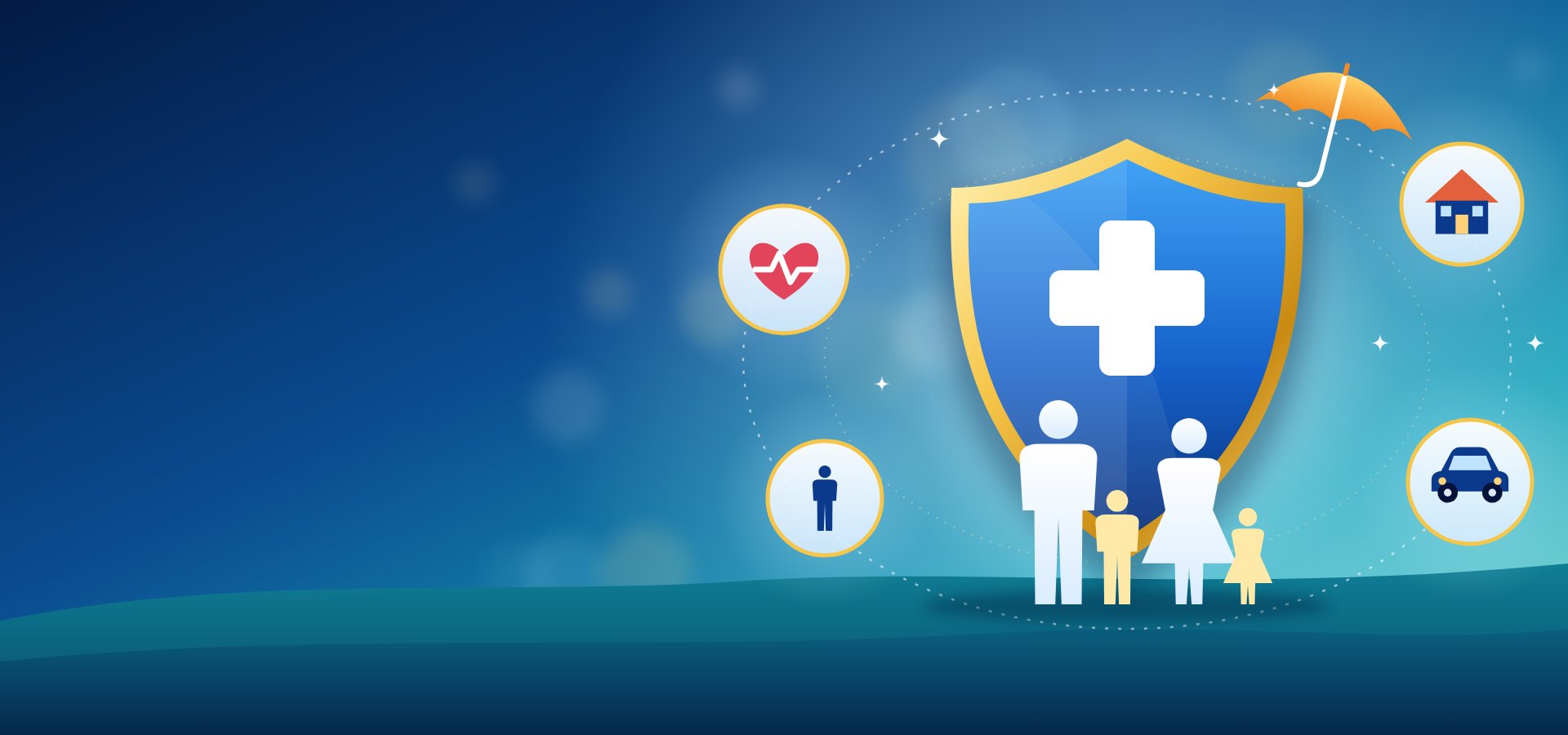 Illustration of a family protected by a large shield